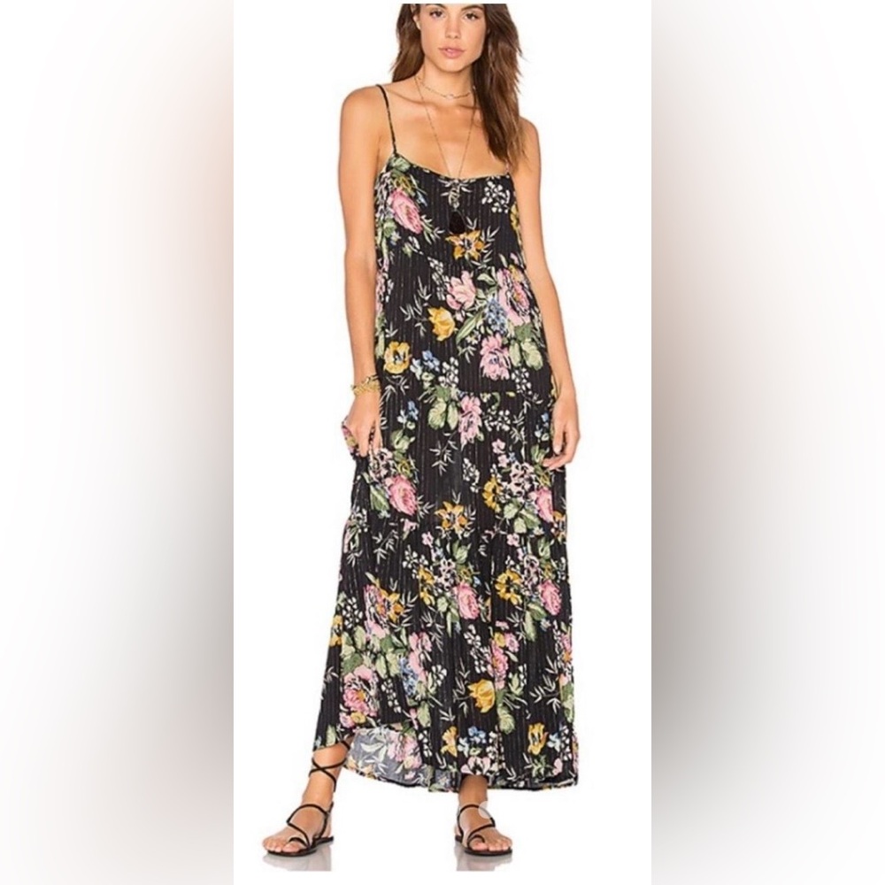 Auguste The Label Delilah Maxi Dress Pink Floral on Black Metallic Stripes Sz. 2